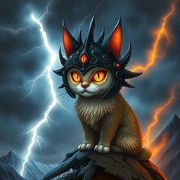 A whimsical cat inspired by Sauron, featuring a cat with glowing, fiery eyes similar to the Eye of Sauron