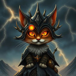 A whimsical cat inspired by Sauron, featuring a cat with glowing, fiery eyes similar to the Eye of Sauron