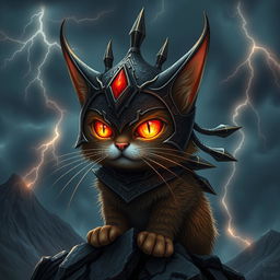 A whimsical cat inspired by Sauron, featuring a cat with glowing, fiery eyes similar to the Eye of Sauron