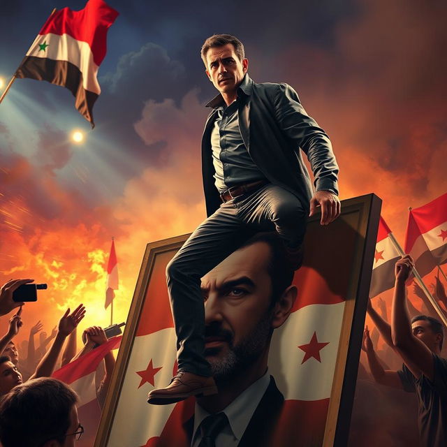 A powerful scene depicting a dramatic confrontation in a political context, featuring a man with a striking and confident demeanor stepping assertively on a large portrait of Syrian President Bashar Al-Assad