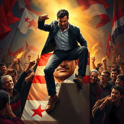 A powerful scene depicting a dramatic confrontation in a political context, featuring a man with a striking and confident demeanor stepping assertively on a large portrait of Syrian President Bashar Al-Assad