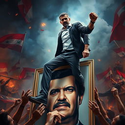 A powerful scene depicting a dramatic confrontation in a political context, featuring a man with a striking and confident demeanor stepping assertively on a large portrait of Syrian President Bashar Al-Assad