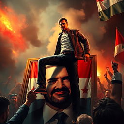A powerful scene depicting a dramatic confrontation in a political context, featuring a man with a striking and confident demeanor stepping assertively on a large portrait of Syrian President Bashar Al-Assad