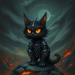A whimsical and imaginative interpretation of a cat resembling Sauron from 'The Lord of the Rings', featuring a feline with a dark, menacing appearance