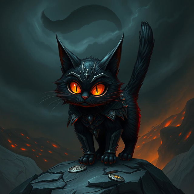 A whimsical and imaginative interpretation of a cat resembling Sauron from 'The Lord of the Rings', featuring a feline with a dark, menacing appearance