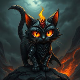 A whimsical and imaginative interpretation of a cat resembling Sauron from 'The Lord of the Rings', featuring a feline with a dark, menacing appearance