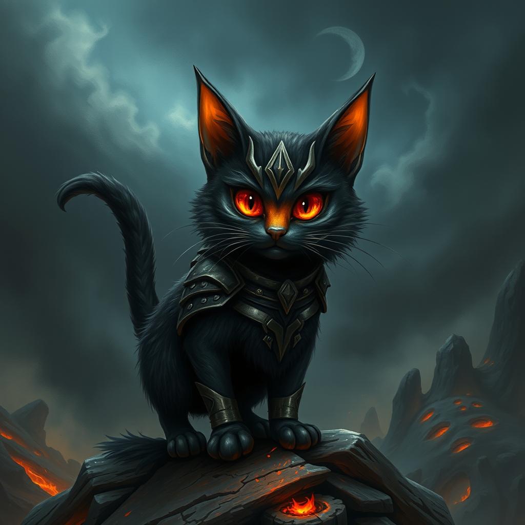 A whimsical and imaginative interpretation of a cat resembling Sauron from 'The Lord of the Rings', featuring a feline with a dark, menacing appearance