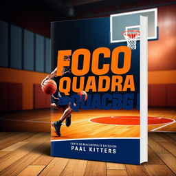 A dynamic eBook cover design featuring a basketball theme, highlighting the title 'Foco em Quadra' prominently in bold, modern typography