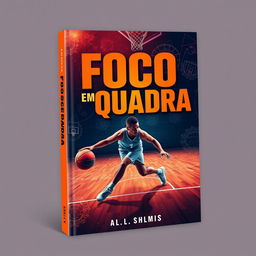 A dynamic eBook cover design featuring a basketball theme, highlighting the title 'Foco em Quadra' prominently in bold, modern typography