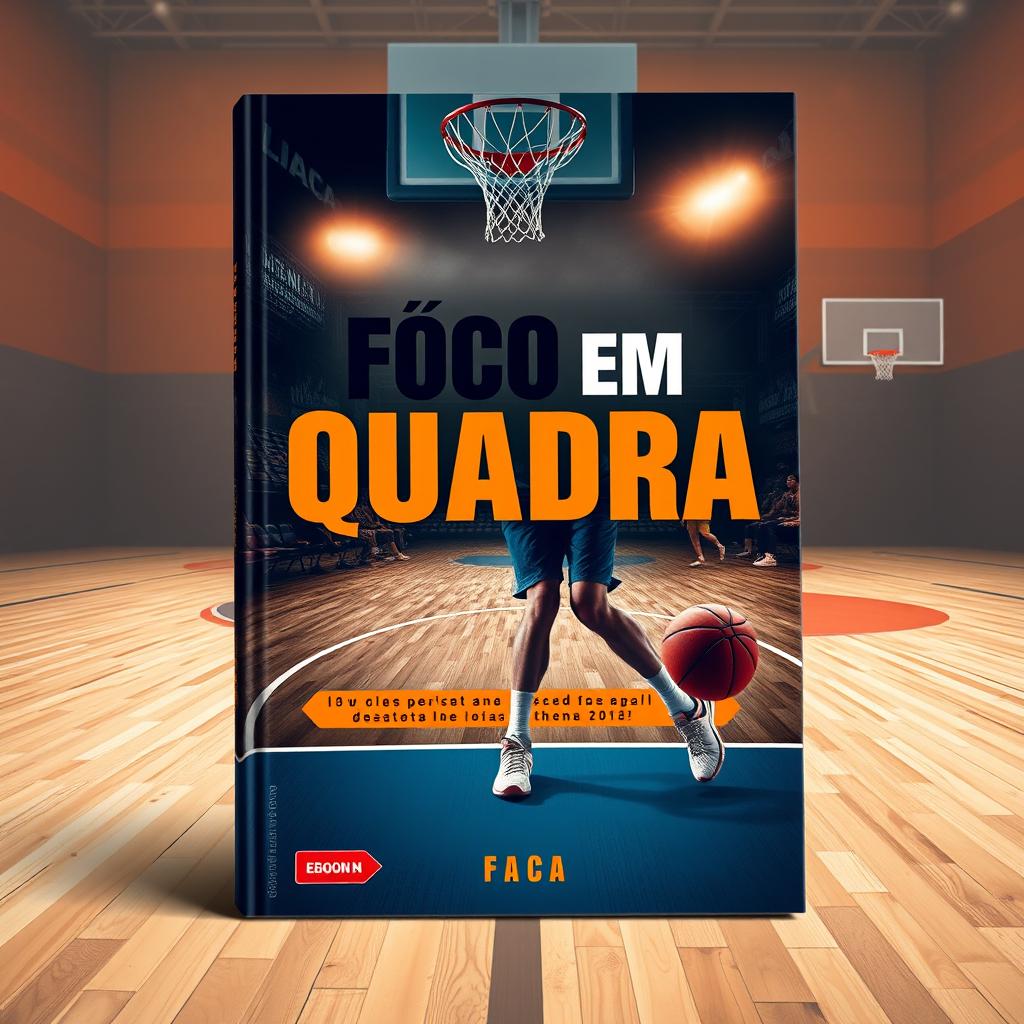 A dynamic eBook cover design featuring a basketball theme, highlighting the title 'Foco em Quadra' prominently in bold, modern typography