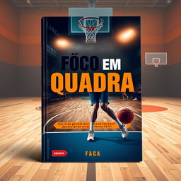 A dynamic eBook cover design featuring a basketball theme, highlighting the title 'Foco em Quadra' prominently in bold, modern typography