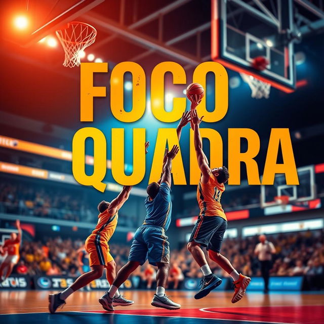 A vibrant eBook cover design focused on basketball, featuring the title 'Foco em Quadra' in large, bold typography that stands out