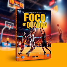 A vibrant eBook cover design focused on basketball, featuring the title 'Foco em Quadra' in large, bold typography that stands out