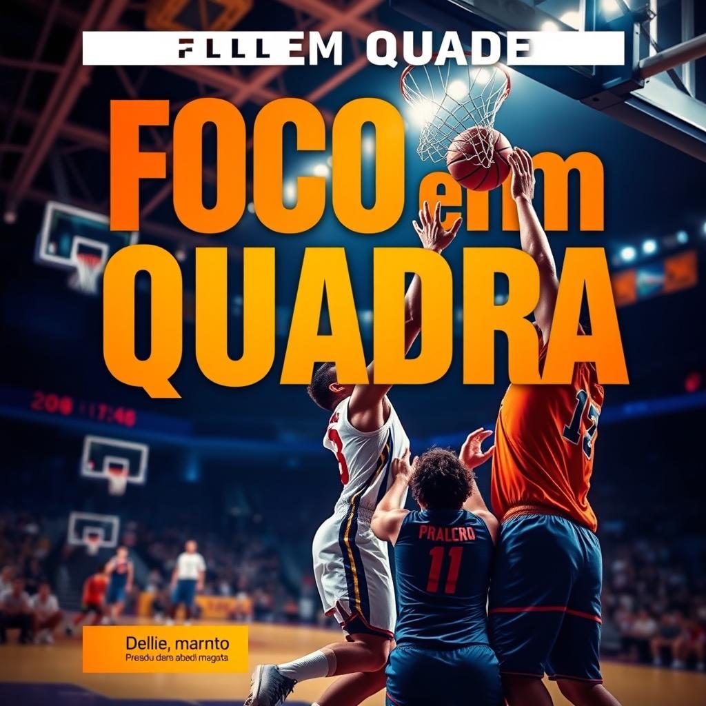 A vibrant eBook cover design focused on basketball, featuring the title 'Foco em Quadra' in large, bold typography that stands out