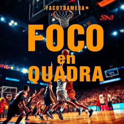 A vibrant eBook cover design focused on basketball, featuring the title 'Foco em Quadra' in large, bold typography that stands out