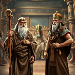 An elderly Moses with a long white beard, wearing traditional ancient robes, holds a wooden staff confidently while standing alongside his brother Aaron, who is also dressed in ancient attire, both exuding a sense of determination and authority