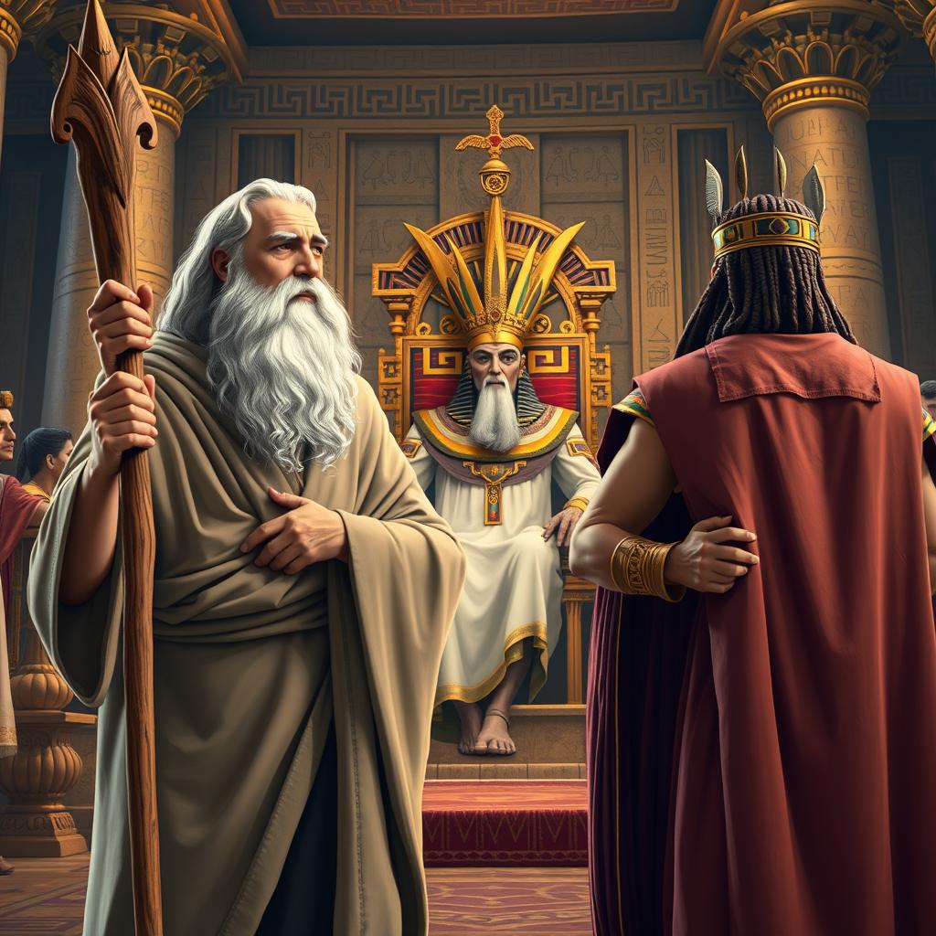 An elderly Moses with a long white beard, wearing traditional ancient robes, holds a wooden staff confidently while standing alongside his brother Aaron, who is also dressed in ancient attire, both exuding a sense of determination and authority