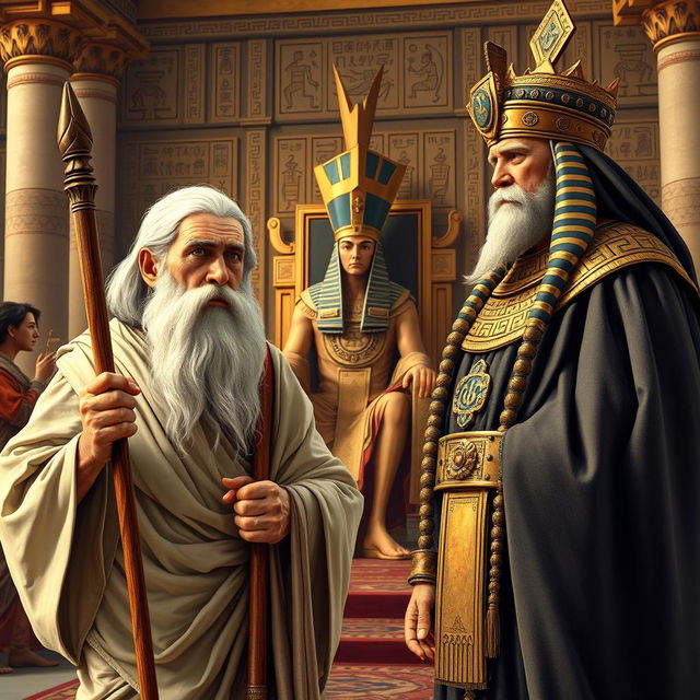 An elderly Moses with a long white beard, wearing traditional ancient robes, holds a wooden staff confidently while standing alongside his brother Aaron, who is also dressed in ancient attire, both exuding a sense of determination and authority