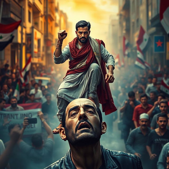 A powerful and dramatic scene depicting Abdul Basit Sarout, a prominent Syrian figure, stepping assertively on a figurative representation of Bashar al-Assad, symbolizing defiance and resistance