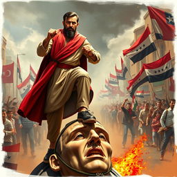 A powerful and dramatic scene depicting Abdul Basit Sarout, a prominent Syrian figure, stepping assertively on a figurative representation of Bashar al-Assad, symbolizing defiance and resistance