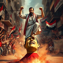 A powerful and dramatic scene depicting Abdul Basit Sarout, a prominent Syrian figure, stepping assertively on a figurative representation of Bashar al-Assad, symbolizing defiance and resistance