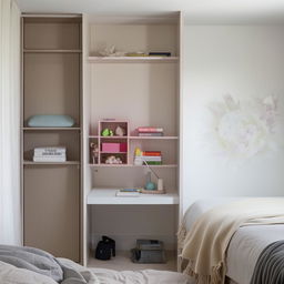 Modern bedroom for an 18-year-old, equipped with a sleek study table, a comfortable bed, a fully stocked bookshelf, and a spacious wardrobe.