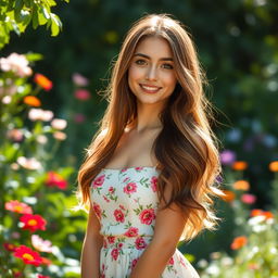 A portrait of a young woman with flowing long hair, wearing a beautiful floral dress in a serene garden filled with blooming flowers