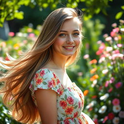 A portrait of a young woman with flowing long hair, wearing a beautiful floral dress in a serene garden filled with blooming flowers