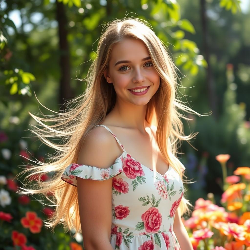 A portrait of a young woman with flowing long hair, wearing a beautiful floral dress in a serene garden filled with blooming flowers