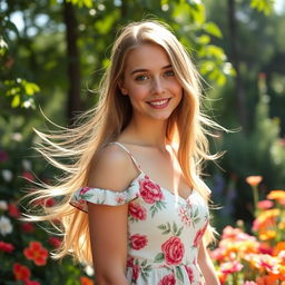 A portrait of a young woman with flowing long hair, wearing a beautiful floral dress in a serene garden filled with blooming flowers