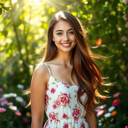 A portrait of a young woman with flowing long hair, wearing a beautiful floral dress in a serene garden filled with blooming flowers