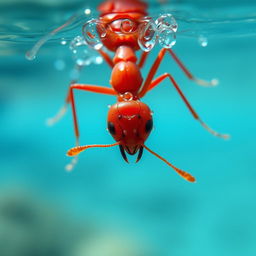 A close-up view of a vibrant red ant swimming in clear blue water