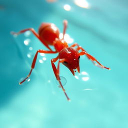 A close-up view of a vibrant red ant swimming in clear blue water