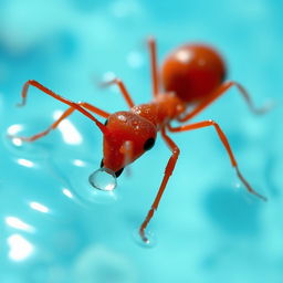 A close-up view of a vibrant red ant swimming in clear blue water