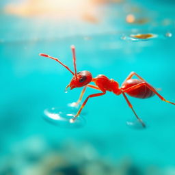 A close-up view of a vibrant red ant swimming in clear blue water