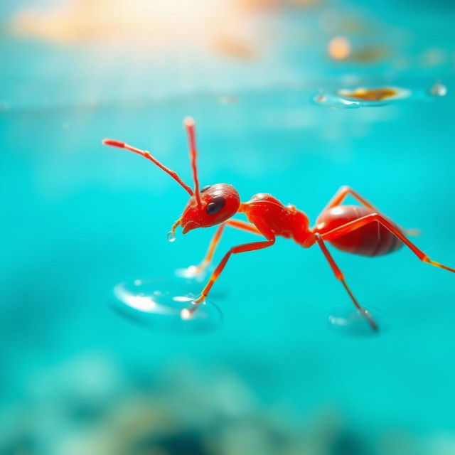 A close-up view of a vibrant red ant swimming in clear blue water