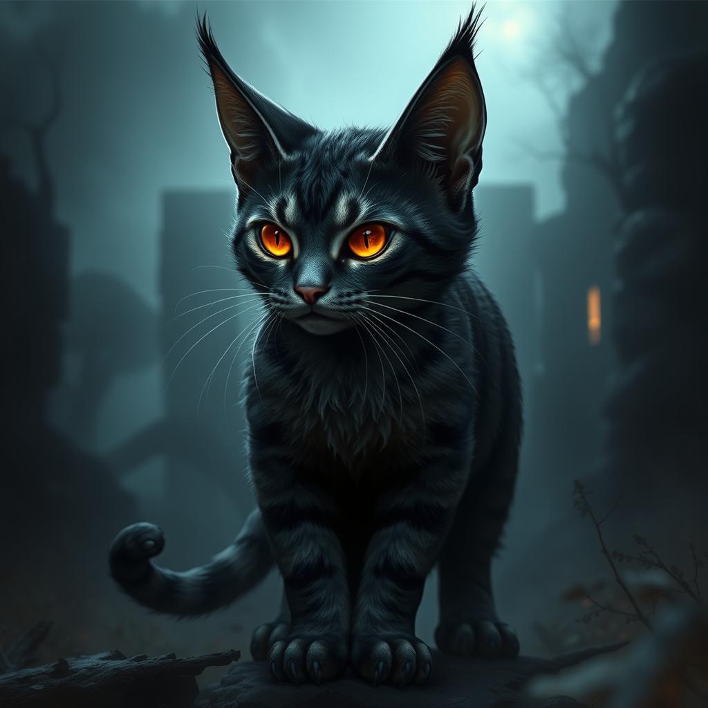 A fantastical creature with the body and features of a short-haired tabby cat, but with the dark, imposing elements reminiscent of Sauron, including a menacing eye on its forehead