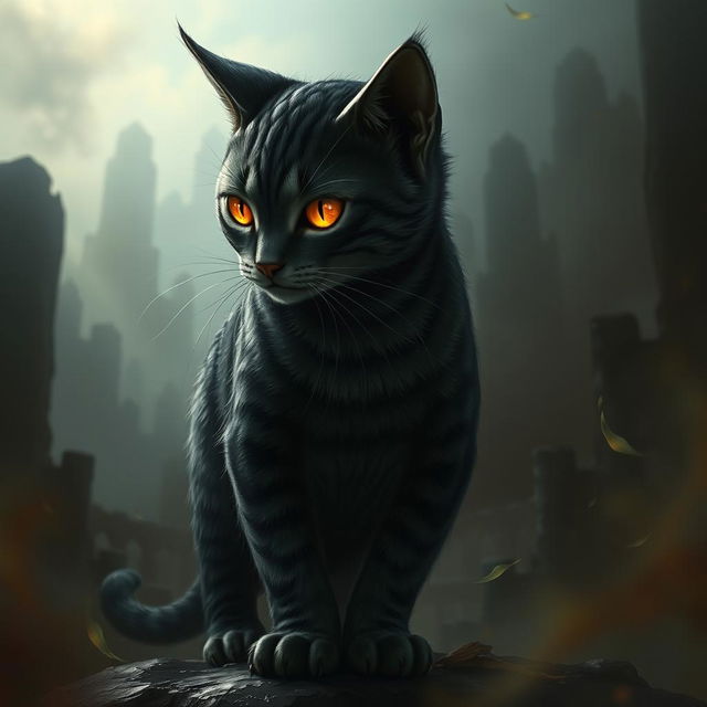 A fantastical creature with the body and features of a short-haired tabby cat, but with the dark, imposing elements reminiscent of Sauron, including a menacing eye on its forehead