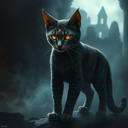 A fantastical creature with the body and features of a short-haired tabby cat, but with the dark, imposing elements reminiscent of Sauron, including a menacing eye on its forehead