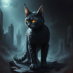 A fantastical creature with the body and features of a short-haired tabby cat, but with the dark, imposing elements reminiscent of Sauron, including a menacing eye on its forehead