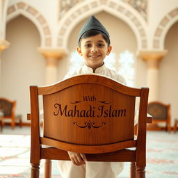 A Muslim boy sitting on a stylish wooden chair, displaying a beautiful inscription 'With Mahadi Islam' intricately designed on the backrest