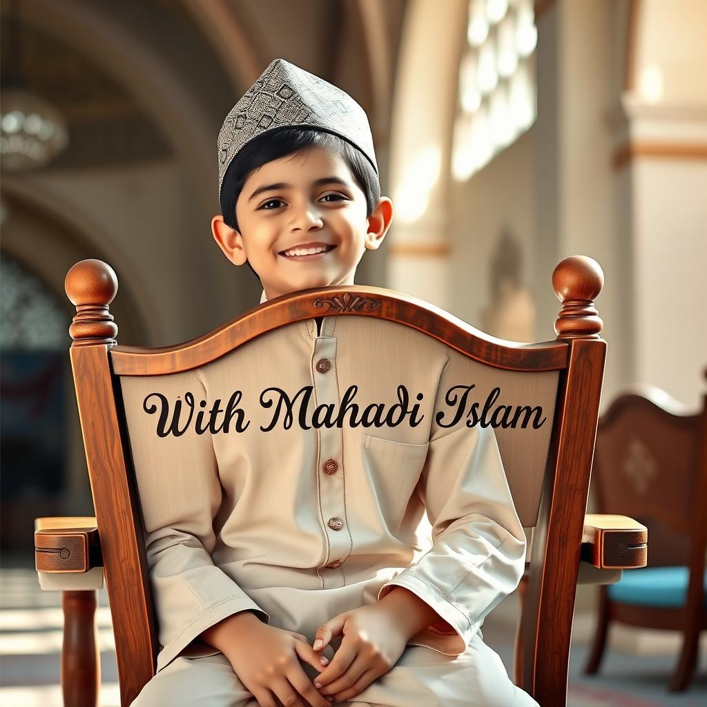 A Muslim boy sitting on a stylish wooden chair, displaying a beautiful inscription 'With Mahadi Islam' intricately designed on the backrest