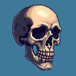 A detailed pixel art representation of a skull, featuring intricate shading and highlighting techniques that bring depth and character to the skull design