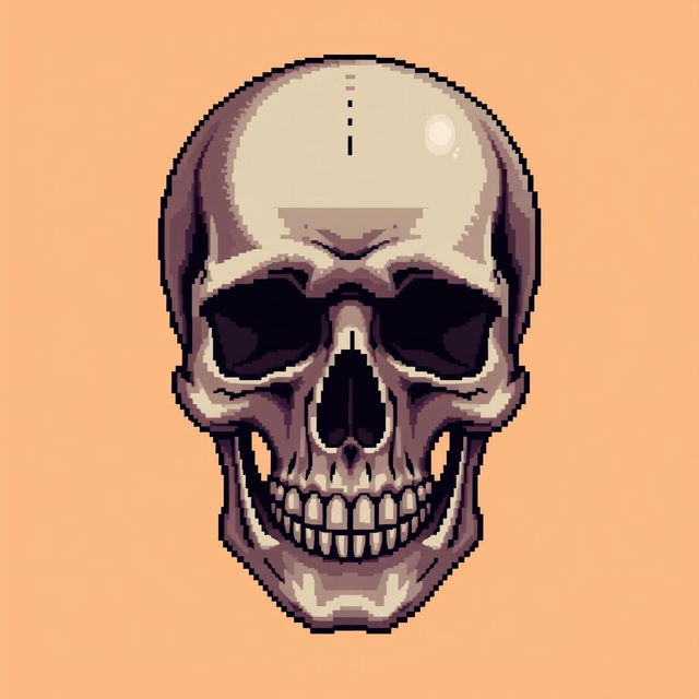 A detailed pixel art representation of a skull, featuring intricate shading and highlighting techniques that bring depth and character to the skull design