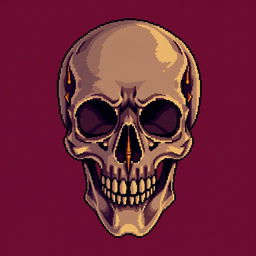 A detailed pixel art representation of a skull, featuring intricate shading and highlighting techniques that bring depth and character to the skull design