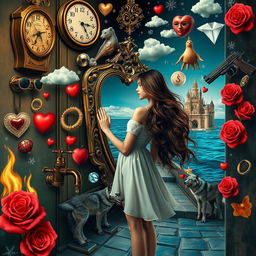 A beautiful, stunning girl with flowing hair standing in a surreal, psychedelic world reminiscent of Salvador Dali