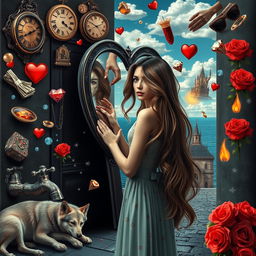 A beautiful, stunning girl with flowing hair standing in a surreal, psychedelic world reminiscent of Salvador Dali