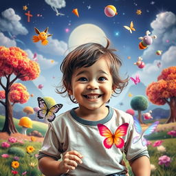 A surreal and imaginative composition featuring a blend of photographs of a child with vibrant animated elements