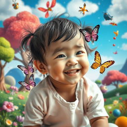 A surreal and imaginative composition featuring a blend of photographs of a child with vibrant animated elements