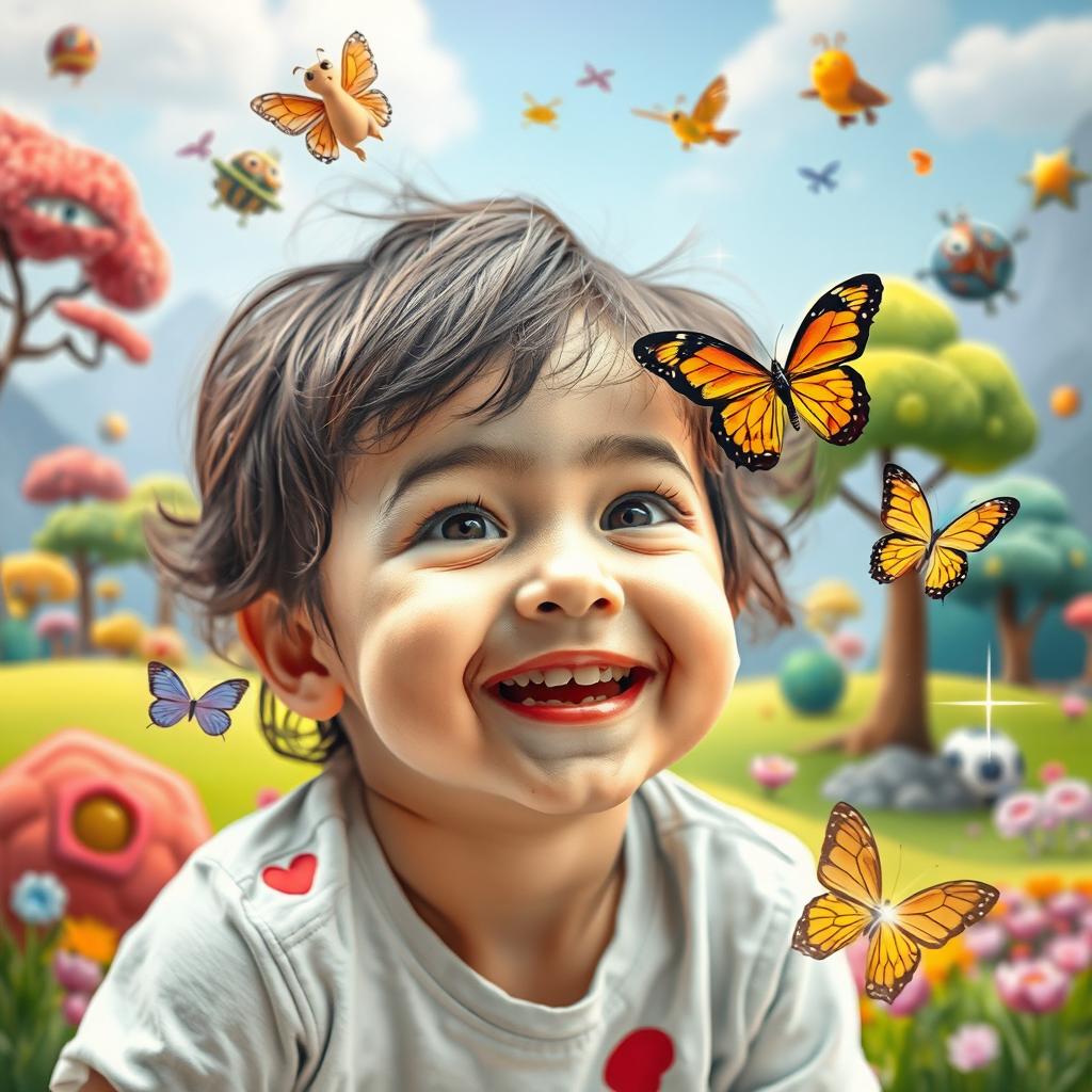 A surreal and imaginative composition featuring a blend of photographs of a child with vibrant animated elements